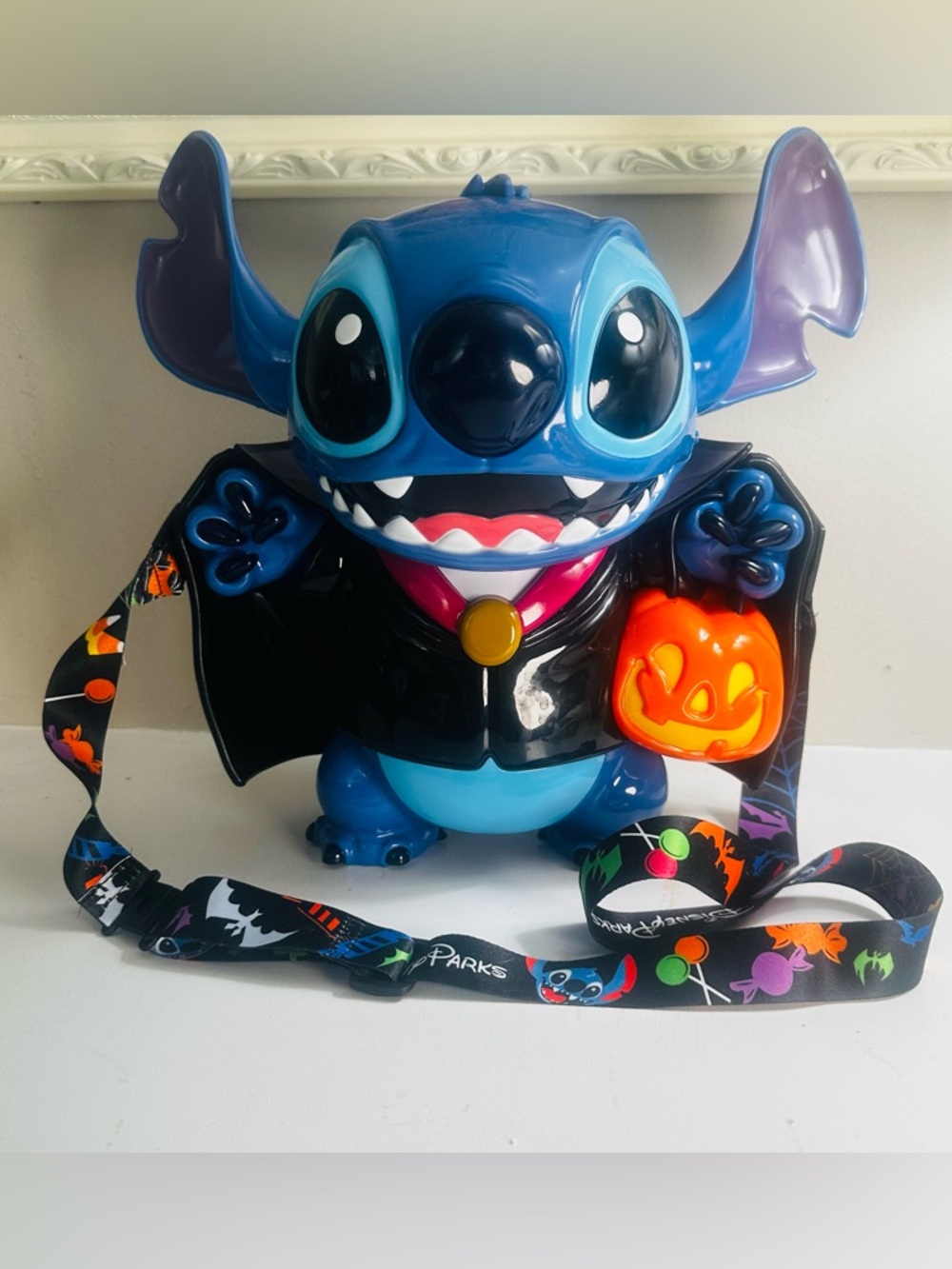 Disney Blue Stitch Vampire Treat Bucket with Orange Pumpkin